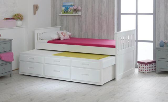 Rackhams Guest Bed with Pull Out Trundle and 3 Storage Drawers, Solid Pine, 3ft Single, White or Waxed - White - image 1