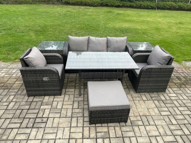 Rackhams Wicker PE Rattan Garden Furniture Set Outdoor Rectangular Dining Table and Chair Sofa Set With 2 Side Tables Big Footstool Dark Grey Mixed - image 1