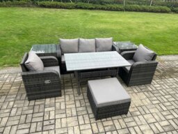 Rackhams Wicker PE Rattan Garden Furniture Set Outdoor Rectangular Dining Table and Chair Sofa Set With 2 Side Tables Big Footstool Dark Grey Mixed - thumbnail 2