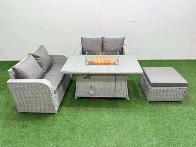 Rackhams 5 Seater Outdoor Love Sofa Set Rattan Garden Furniture Set with Fire Pit Dining Table Big Footstool Light Grey - image 1