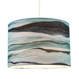 Rackhams Sea Waves Drum Lamp Shade in Teal Duck Egg and Navy Blue - 30cm Linen - thumbnail 2