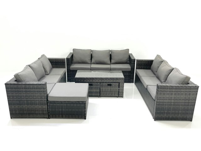 Rackhams Outdoor Garden Furniture Set 7 Pieces Rattan Sofa Set with Coffee Table 3 Footstools Dark Grey Mixed - image 1
