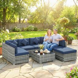Rackhams 8 Pieces Patio Rattan Sofa Set, Garden Furniture Set Dark Blue - Rattan Sofa Set - 8 - PE Rattan, Steel, Tempered Glass