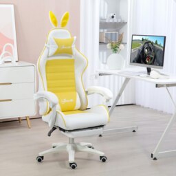 Rackhams Racing Style Gaming Chair with Footrest Removable Rabbit Ears, Yellow - Purple - thumbnail 2