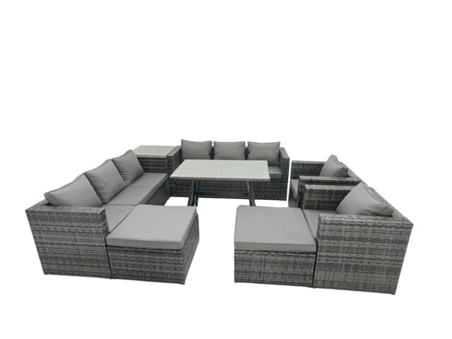 Rackhams Rattan Dining Table Sofa Set with Armchair Side Table 2 Big Footstools Outdoor 10 Seat Garden Furniture Set Dark Grey Mixed - image 1