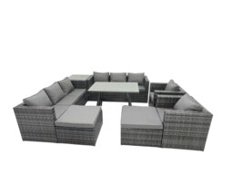 Rackhams Rattan Dining Table Sofa Set with Armchair Side Table 2 Big Footstools Outdoor 10 Seat Garden Furniture Set Dark Grey Mixed - thumbnail 1