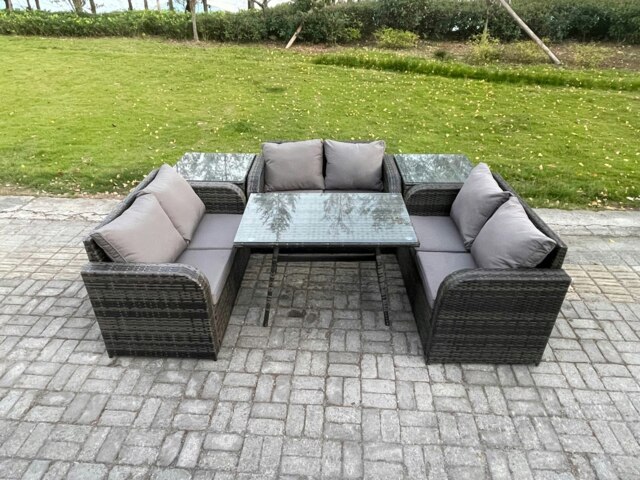 Rackhams Rattan Garden Furniture Set 6 Seater Patio Outdoor Love Sofa Set with Rectangular Dining Table 2 Side Tables Dark Grey Mixed - image 1