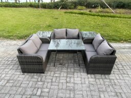 Rackhams Rattan Garden Furniture Set 6 Seater Patio Outdoor Love Sofa Set with Rectangular Dining Table 2 Side Tables Dark Grey Mixed - thumbnail 1