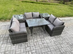 Rackhams Rattan Garden Furniture Set 6 Seater Patio Outdoor Love Sofa Set with Rectangular Dining Table 2 Side Tables Dark Grey Mixed - thumbnail 2