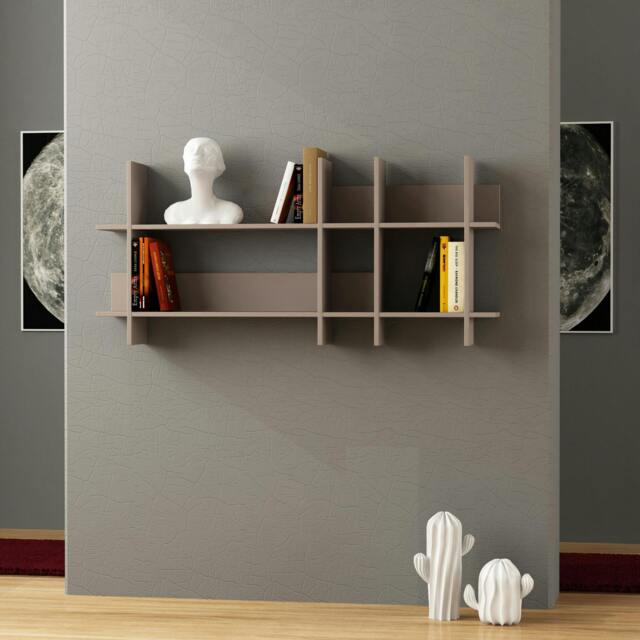 Rackhams Beads Modern Wall Mounted Bookcase 6 Compartment Slim Design Storage Shelf Mocha Grey 150cm - Mocha Grey - image 1