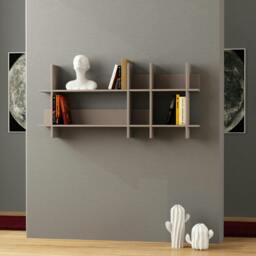 Rackhams Beads Modern Wall Mounted Bookcase 6 Compartment Slim Design Storage Shelf Mocha Grey 150cm - Mocha Grey - thumbnail 1