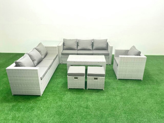 Rackhams Wicker PE Rattan Sofa Garden Furniture Set with Oblong Coffee Table Armchair 2 Small Footstools Side Table Light Grey Mixed - image 1