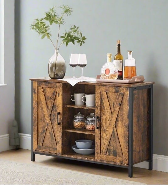Rackhams Industrial Sideboard Buffet Table with Barn Doors & Adjustable Shelves – Rustic Brown & Black - image 1