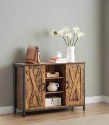 Rackhams Industrial Sideboard Buffet Table with Barn Doors & Adjustable Shelves – Rustic Brown & Black - thumbnail 2