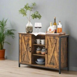 Rackhams Industrial Sideboard Buffet Table with Barn Doors & Adjustable Shelves – Rustic Brown & Black - thumbnail 3