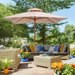 Rackhams 3m 2-tier Patio Parasol Garden Sun Umbrella Sunshade Bamboo  w/ Pulley - Beige - 300cm x 300cm x 297cm