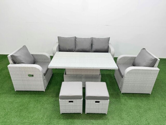 Rackhams PE Rattan Garden Furniture Set Reclining Chair Sofa Lounge Sofa Set Adjustable Lifting Dining or Coffee Table 2 Small Stools Light Grey - image 1