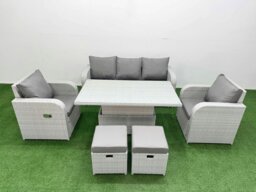 Rackhams PE Rattan Garden Furniture Set Reclining Chair Sofa Lounge Sofa Set Adjustable Lifting Dining or Coffee Table 2 Small Stools Light Grey - thumbnail 1