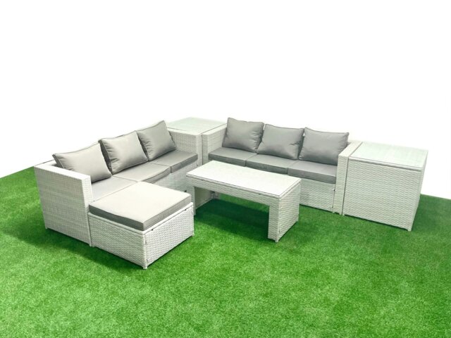 Rackhams 7 Seater Garden Outdoor Rattan Furniture Set Rattan Garden Sofa Oblong Coffee Table with Big Footstool 2 Side Tables Light Grey Mixed - image 1