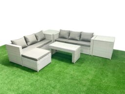 Rackhams 7 Seater Garden Outdoor Rattan Furniture Set Rattan Garden Sofa Oblong Coffee Table with Big Footstool 2 Side Tables Light Grey Mixed - thumbnail 2