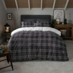 Rackhams Check Printed Flannel Fleece Duvet Set - Grey - Super King (220cm x 260cm)
