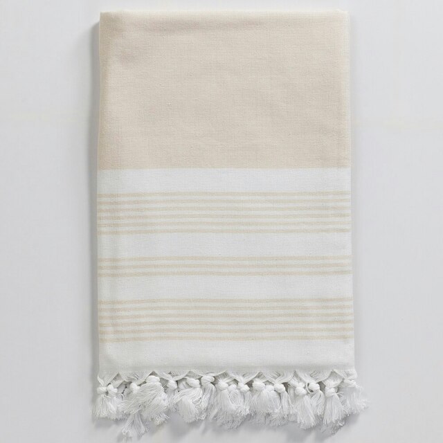 Rackhams Meridien Cotton Bath Towel, Double-Faced - Beige Stripes on White