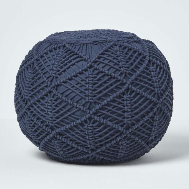 Rackhams Macrame Knitted Pouffe Been Filled Crochet Round Footstool 100% Cotton Braided Design - Navy Blue - 40 x 50 cm - image 1