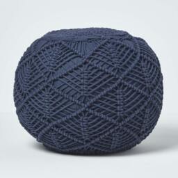 Rackhams Macrame Knitted Pouffe Been Filled Crochet Round Footstool 100% Cotton Braided Design - Navy Blue - 40 x 50 cm - thumbnail 1