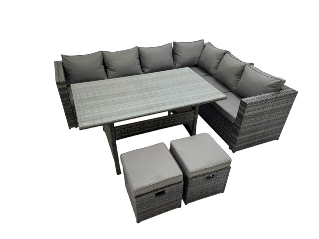 Rackhams Rattan Garden Furniture Set Outdoor 8 Seater Patio Dining Corner Sofa Sets with Dining Table 2 Small Footstools Dark Grey Mixed - image 1