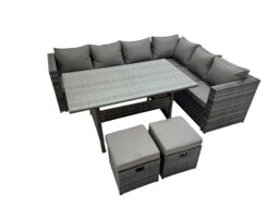 Rackhams Rattan Garden Furniture Set Outdoor 8 Seater Patio Dining Corner Sofa Sets with Dining Table 2 Small Footstools Dark Grey Mixed - thumbnail 1