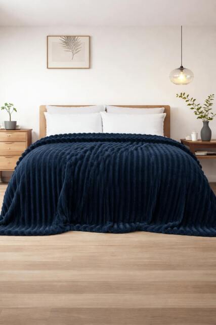Rackhams Supersoft Ribbed Fleece ThroBlanket for Couch & Bed – Cozy Jacquard Home Blanket - 200 x 240cm - Navy - Polyester - image 1