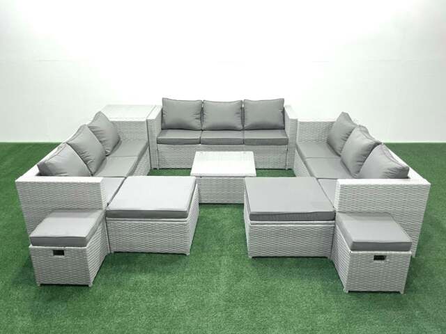 Rackhams Garden Outdoor Furniture Set 14 Seater Rattan Sofa Set with Side Table 4 Footstools Light Grey Mixed - image 1