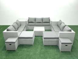 Rackhams Garden Outdoor Furniture Set 14 Seater Rattan Sofa Set with Side Table 4 Footstools Light Grey Mixed - thumbnail 1