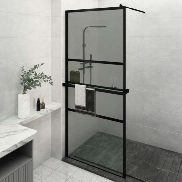 Rackhams Walk-in Shower Wall with Shelf Black 100x195 cm ESG Glass&Aluminium
