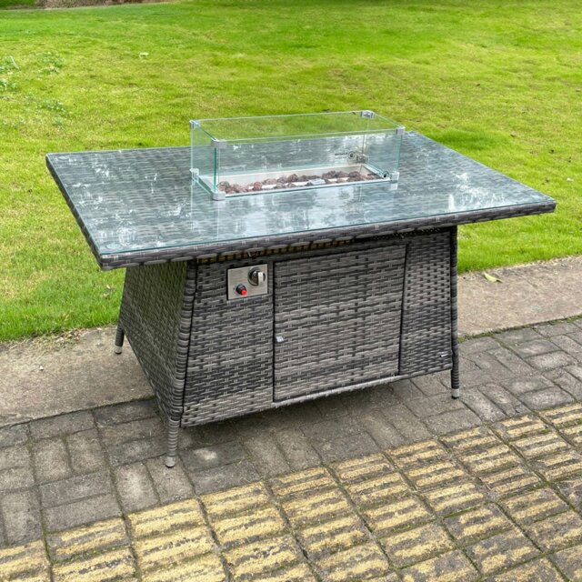 Rackhams Dark Grey Rattan Fire Pit Table Dining Table Gas Heater Garden Furniture Accessory Patio With Clear Tempered Glass - image 1