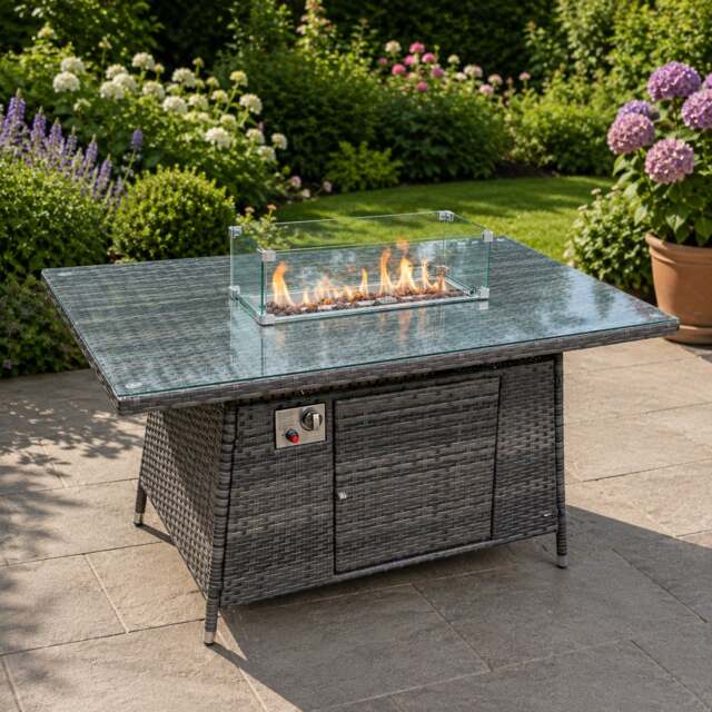 Rackhams Dark Grey Rattan Fire Pit Table Dining Table Gas Heater Garden Furniture Accessory Patio With Clear Tempered Glass - image 1