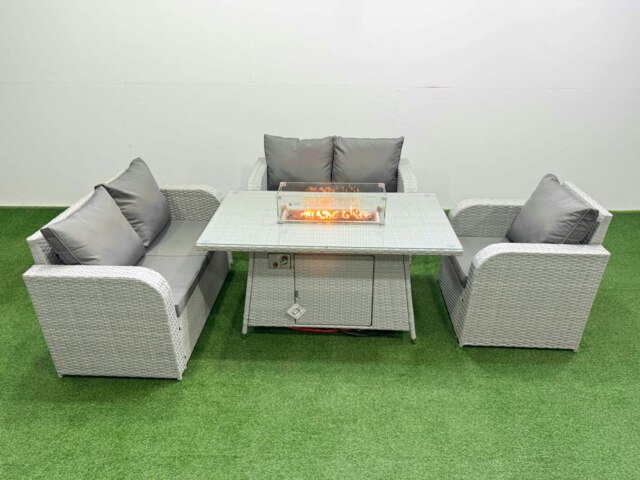 Rackhams High Back Poly Rattan Garden Furniture Set with Reclining Chair Loveseat Sofa Fire Pit Dining Table Indoor Outdoor Patio Set Light Grey - image 1
