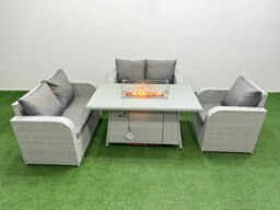 Rackhams High Back Poly Rattan Garden Furniture Set with Reclining Chair Loveseat Sofa Fire Pit Dining Table Indoor Outdoor Patio Set Light Grey - thumbnail 1