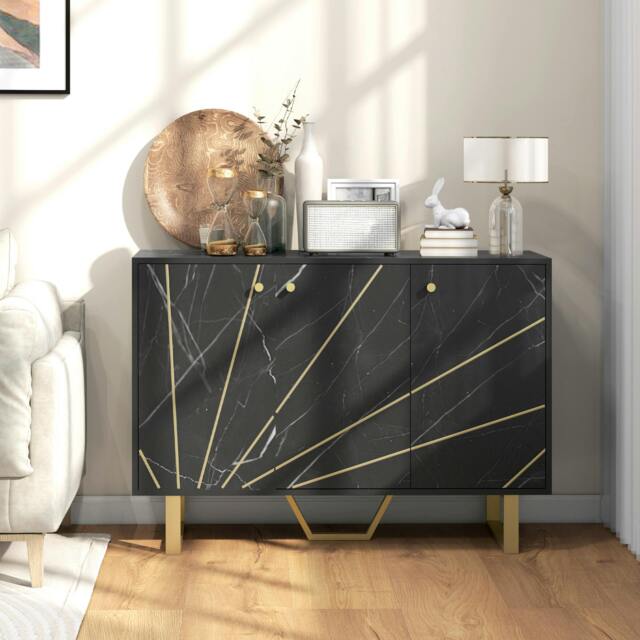 Rackhams Sideboard Storage Cupboard with Metal Legs for Living Room, Black - Black - Marble texture - Sideboard - image 1