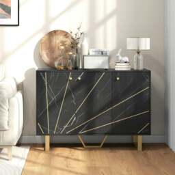 Rackhams Sideboard Storage Cupboard with Metal Legs for Living Room, Black - Black - Marble texture - Sideboard - thumbnail 2