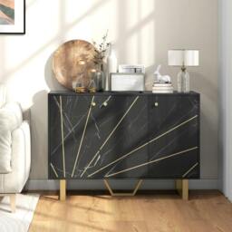 Rackhams Sideboard Storage Cupboard with Metal Legs for Living Room, Black - Black - Marble texture - Sideboard - thumbnail 1