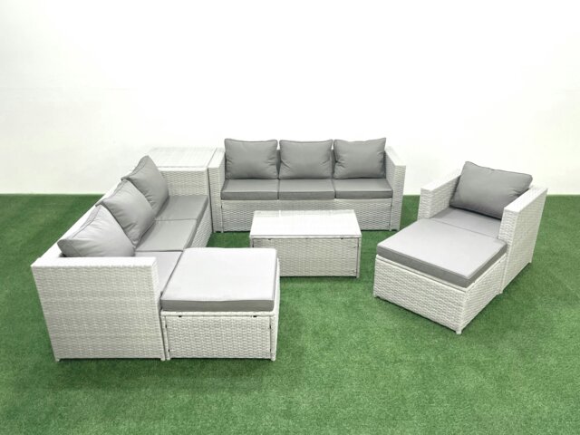 Rackhams Wicker PE Rattan Sofa Garden Furniture Set with Armchair Oblong Coffee Table 2 Big Footstools Side Table Light Grey Mixed - image 1