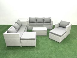 Rackhams Wicker PE Rattan Sofa Garden Furniture Set with Armchair Oblong Coffee Table 2 Big Footstools Side Table Light Grey Mixed - thumbnail 2