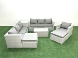 Rackhams Wicker PE Rattan Sofa Garden Furniture Set with Armchair Oblong Coffee Table 2 Big Footstools Side Table Light Grey Mixed - thumbnail 1