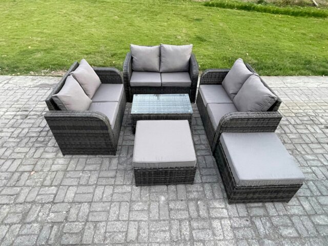 Rackhams 8 Seater Garden Furniture Set Rattan Outdoor Lounge Sofa Chair With Tempered Glass Table 2 Big Footstool Dark Grey Mixed - image 1
