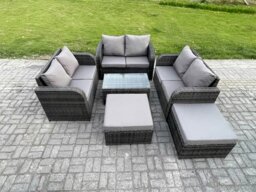 Rackhams 8 Seater Garden Furniture Set Rattan Outdoor Lounge Sofa Chair With Tempered Glass Table 2 Big Footstool Dark Grey Mixed - thumbnail 1