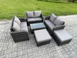 Rackhams 8 Seater Garden Furniture Set Rattan Outdoor Lounge Sofa Chair With Tempered Glass Table 2 Big Footstool Dark Grey Mixed - thumbnail 2