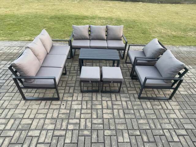 Rackhams Aluminium Outdoor Garden Furniture Lounge Sofa 2 PC Chairs Oblong Coffee Table Sets with 2 Small Footstool Dark Grey - image 1