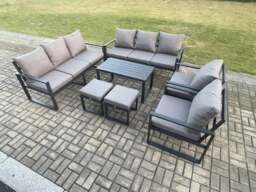 Rackhams Aluminium Outdoor Garden Furniture Lounge Sofa 2 PC Chairs Oblong Coffee Table Sets with 2 Small Footstool Dark Grey - thumbnail 2