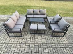 Rackhams Aluminium Outdoor Garden Furniture Lounge Sofa 2 PC Chairs Oblong Coffee Table Sets with 2 Small Footstool Dark Grey - thumbnail 1